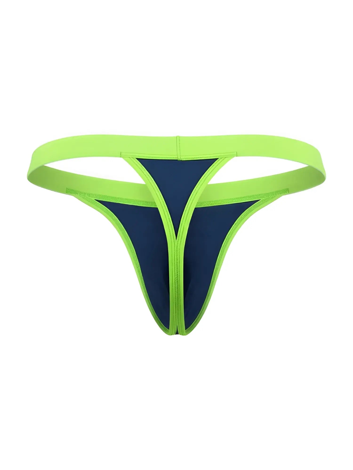 CandyMan navy thongs with vibrant lime green elastic waistband and trim on a white background.
