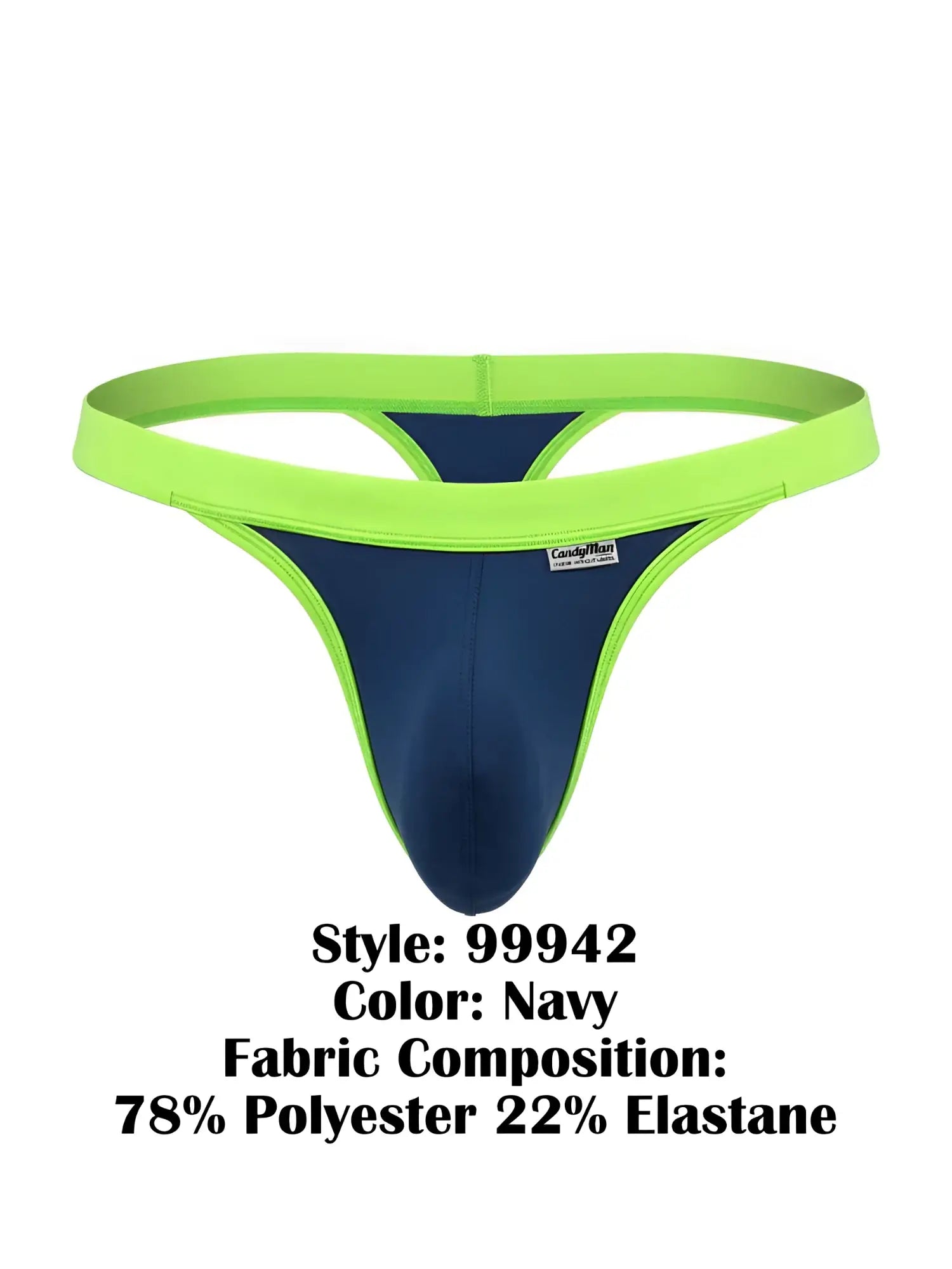 CandyMan 99942 navy thong with lime green waistband and trim, featuring a contoured pouch and minimalist design.