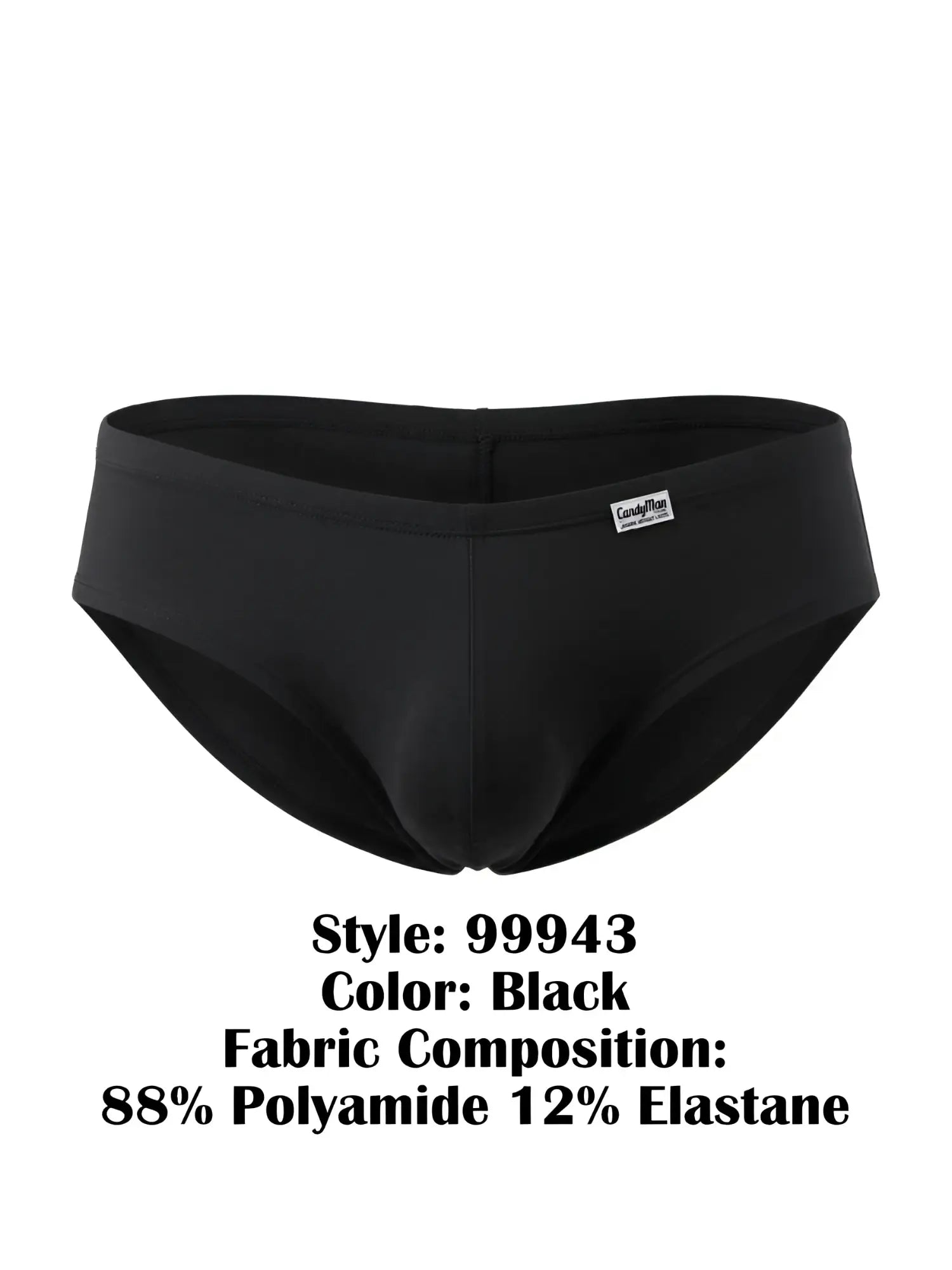 CandyMan black trunks with a fitted, low-rise silhouette and a small branded logo tag on the front waistband.