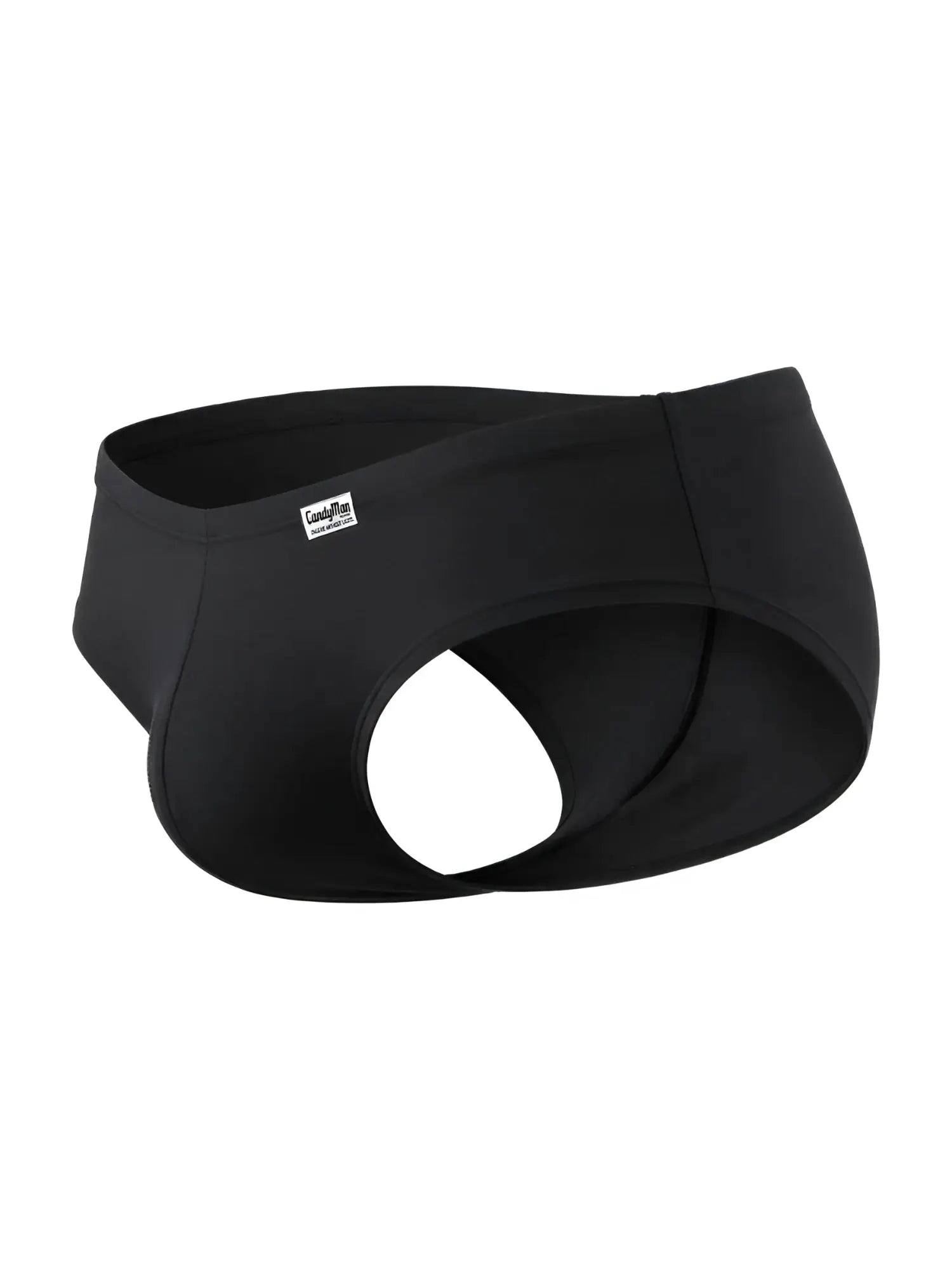 CandyMan black trunks with an open-back design and a small brand logo tag on the waistband.