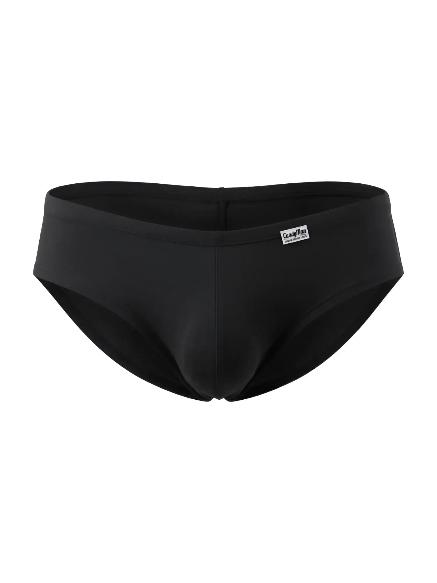 CandyMan black trunks featuring a low-rise, form-fitting design with a small brand tag on the front waistband.