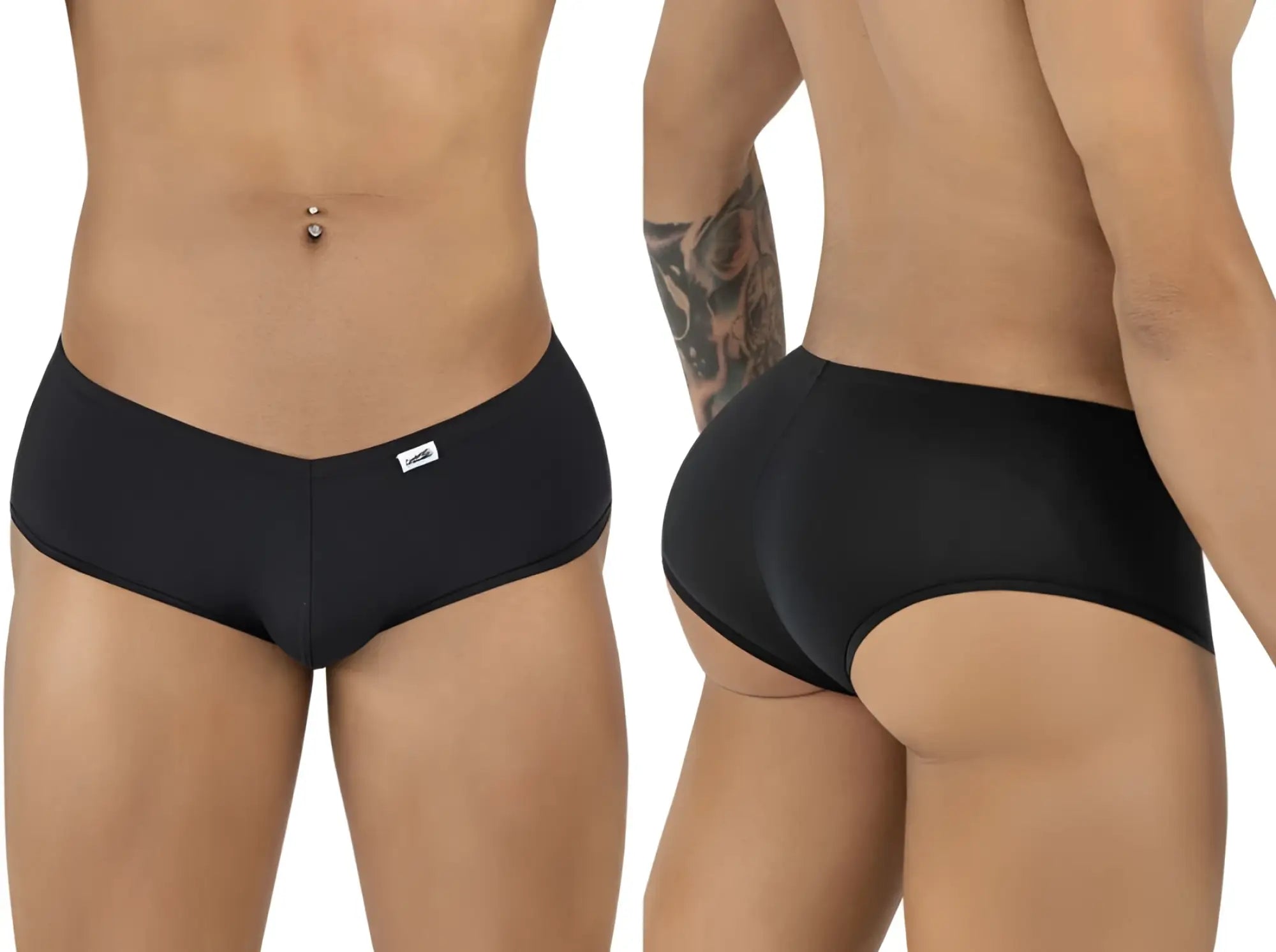 CandyMan black trunks shown from front and back views on a fit model, featuring a low-rise, form-fitting style.