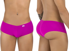 CandyMan magenta trunks shown from front and back views on a model, featuring a low-rise, form-fitting design.