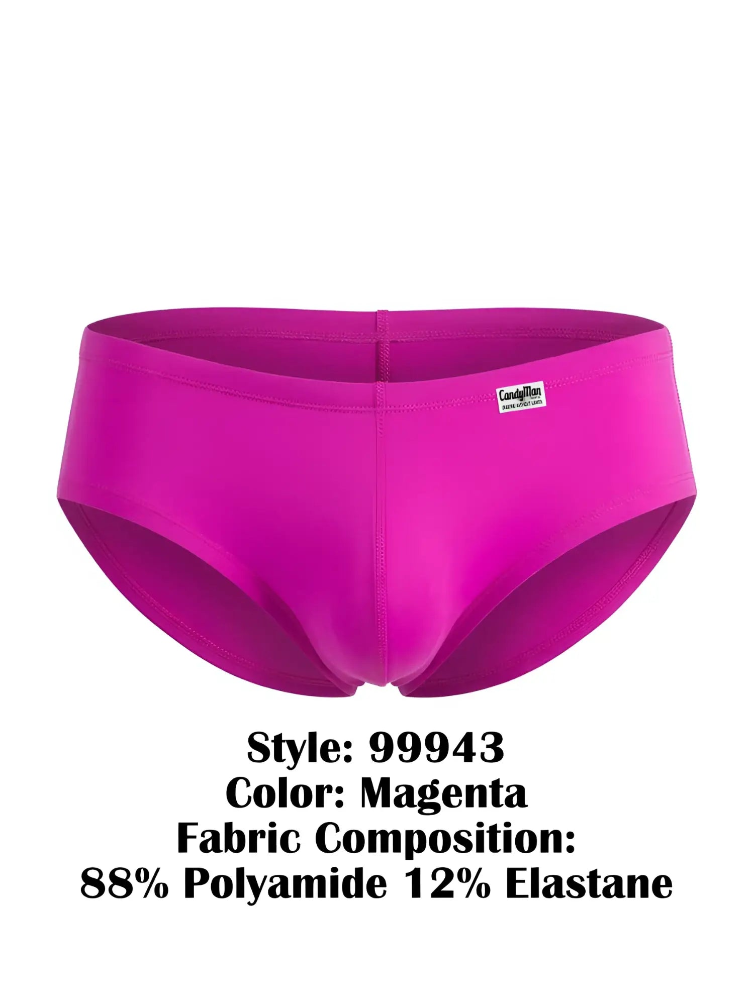 CandyMan magenta trunks in a snug, low-rise style with a center seam and a small brand logo tag on the hip.