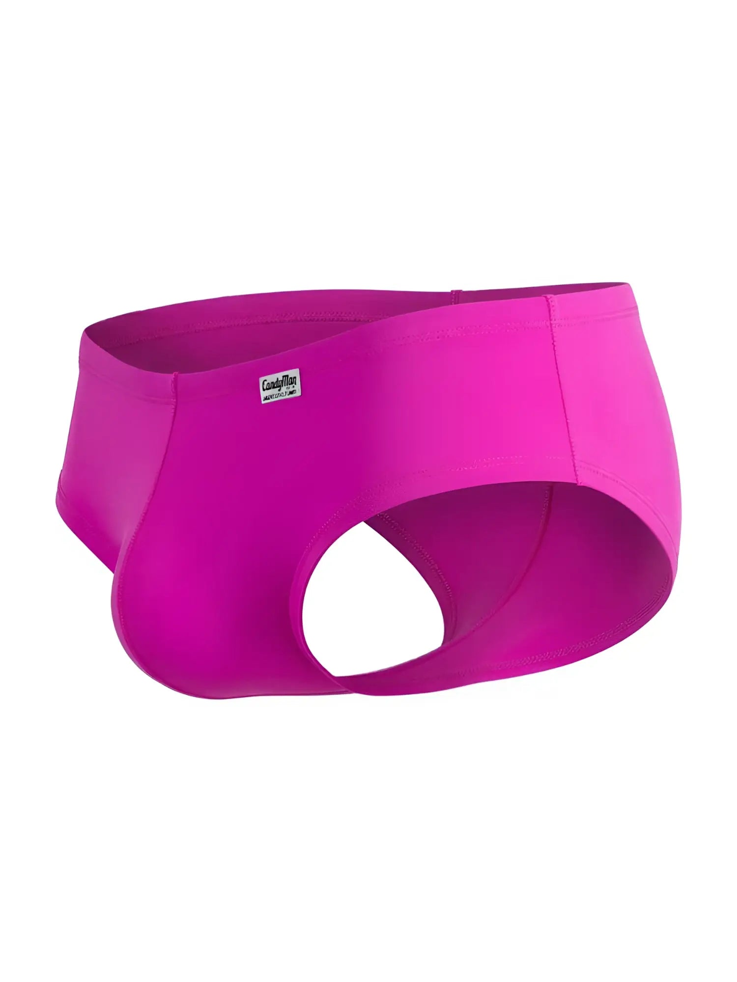CandyMan magenta trunks with a low-rise, open-side design and logo patch on the front waistband.