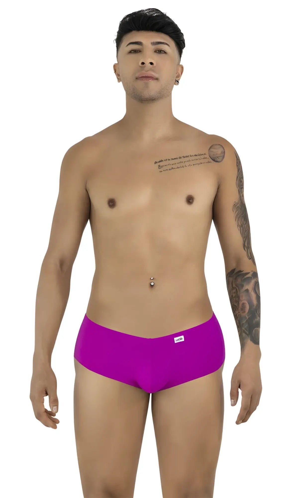 CandyMan magenta trunks, form-fitting low-rise style on a man facing forward, isolated on a white background.