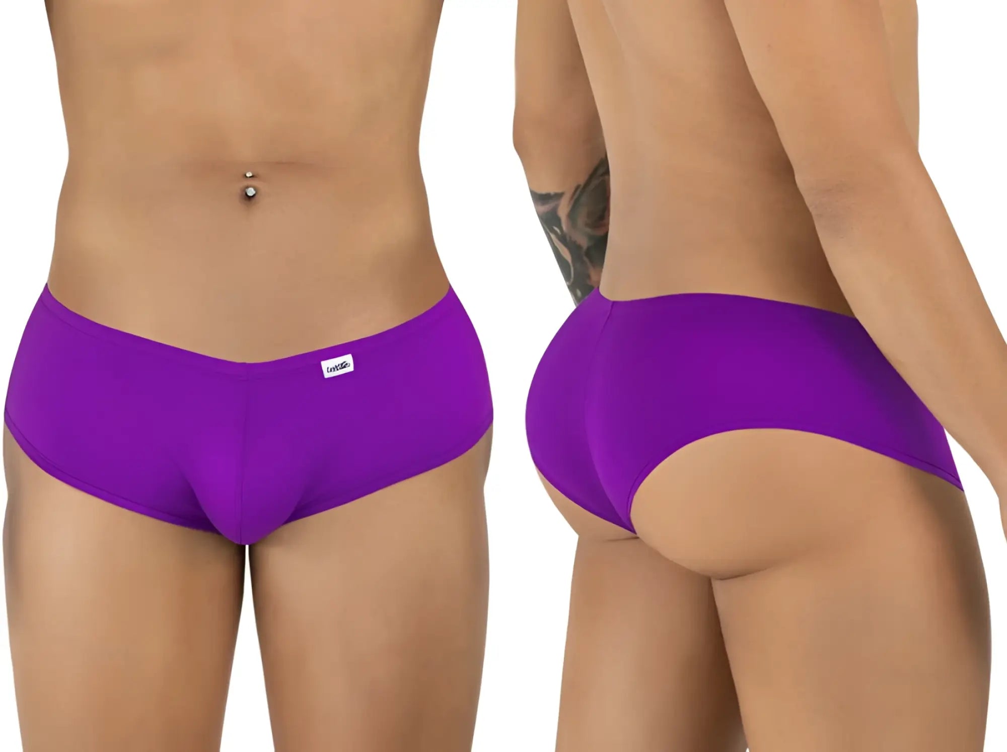 CandyMan orchid trunks featuring a low-rise, form-fitting design shown from the front and back on a male model.