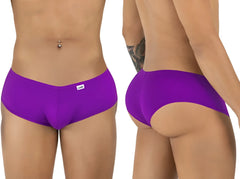 CandyMan orchid trunks featuring a low-rise, form-fitting design shown from the front and back on a male model.