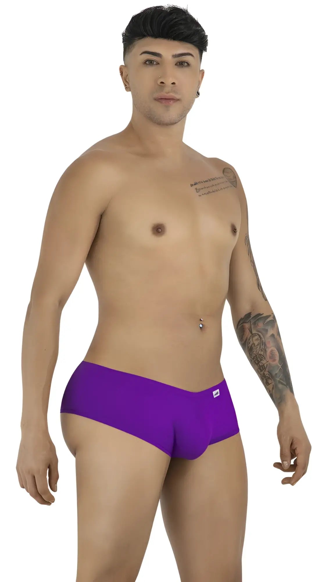 CandyMan orchid trunks in a form-fitting, low-rise style worn by a standing man.