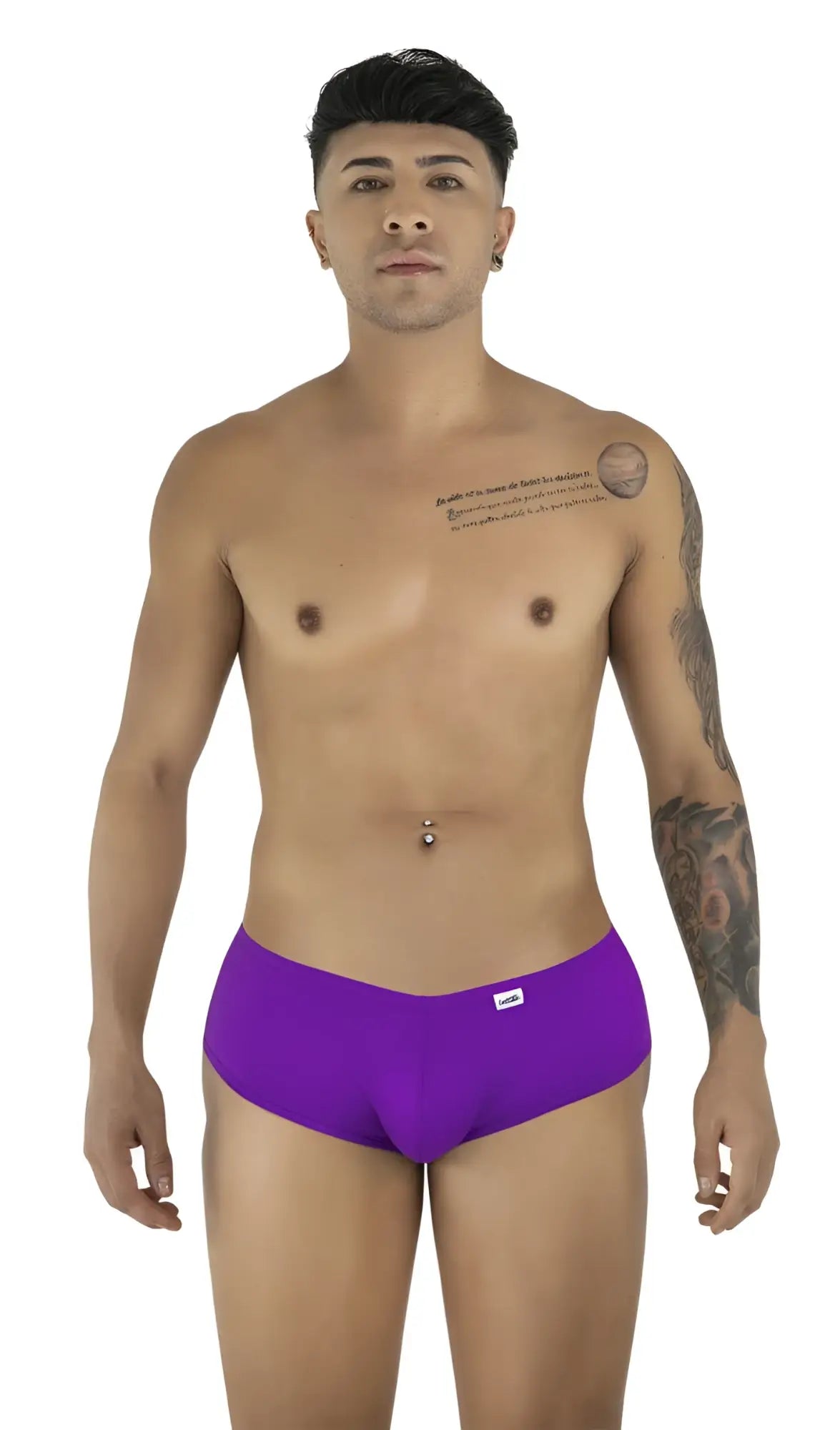 CandyMan orchid trunks on a shirtless man, front view. Low-rise, form-fitting design with a small logo tab.