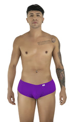 CandyMan orchid trunks on a shirtless man, front view. Low-rise, form-fitting design with a small logo tab.