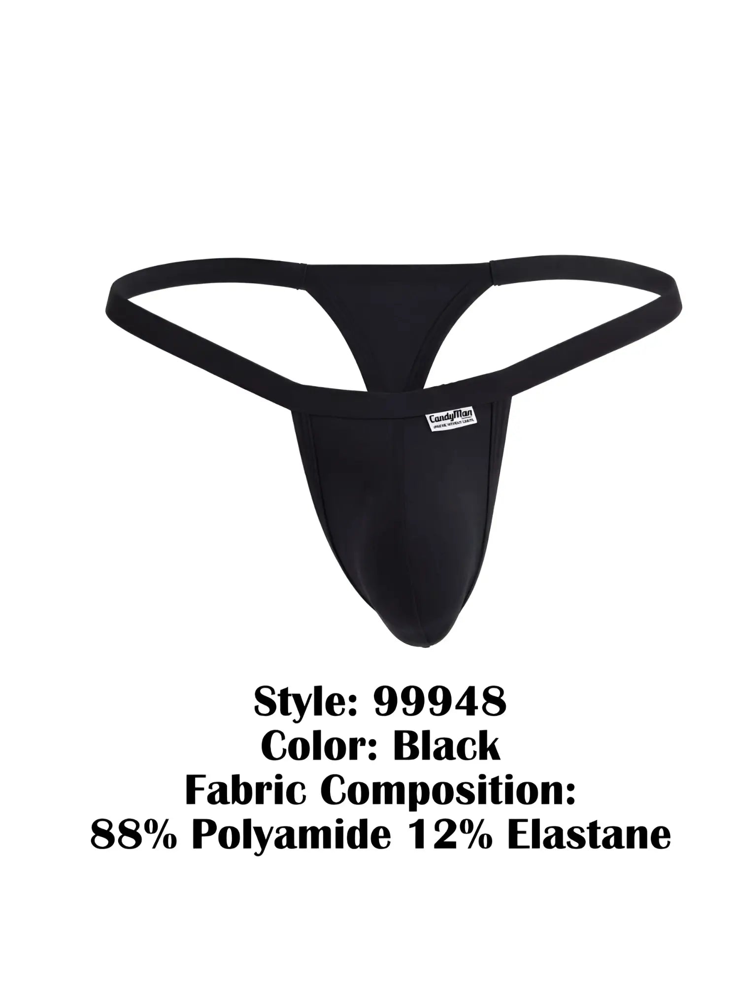 CandyMan 99948 black thong with thin waistband, contoured pouch, and visible brand logo tag on white background.