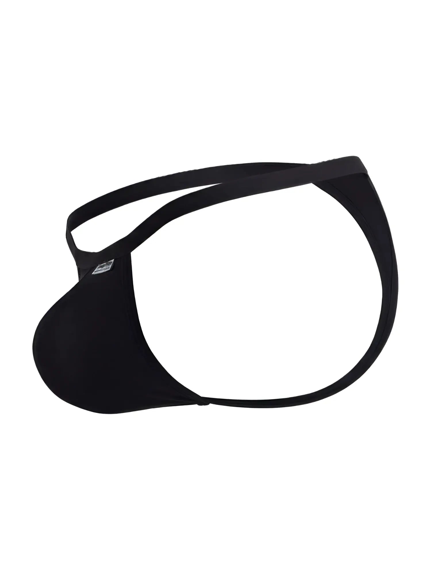 CandyMan black thongs featuring a minimal, open-side design with a single contoured pouch and thin elastic straps.