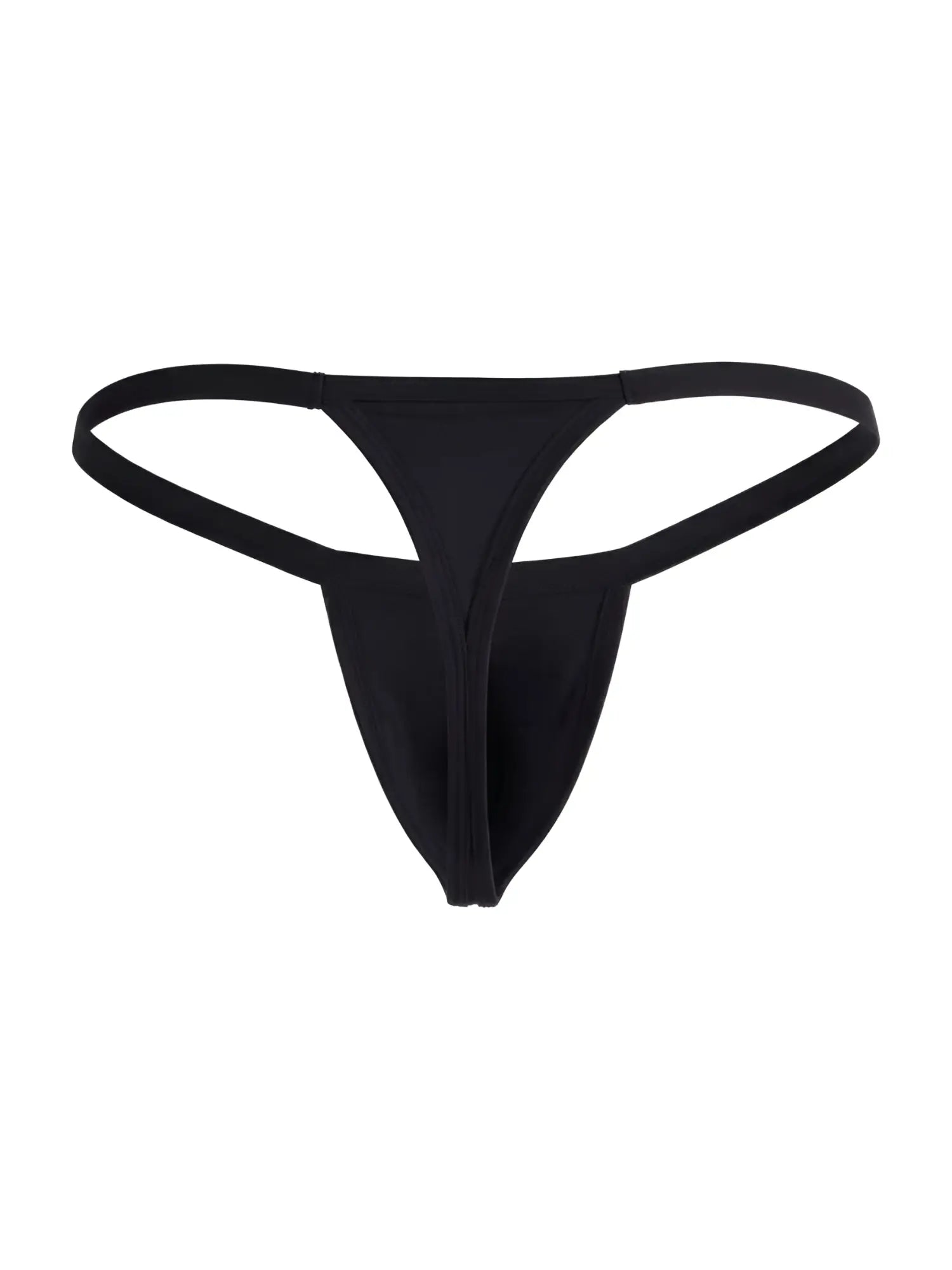 CandyMan black thong with minimal coverage, thin side straps, and a center back seam, isolated on white.