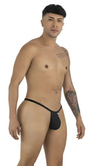 CandyMan black thong with minimal front pouch and thin sides, worn by a fit model posing against a white background.