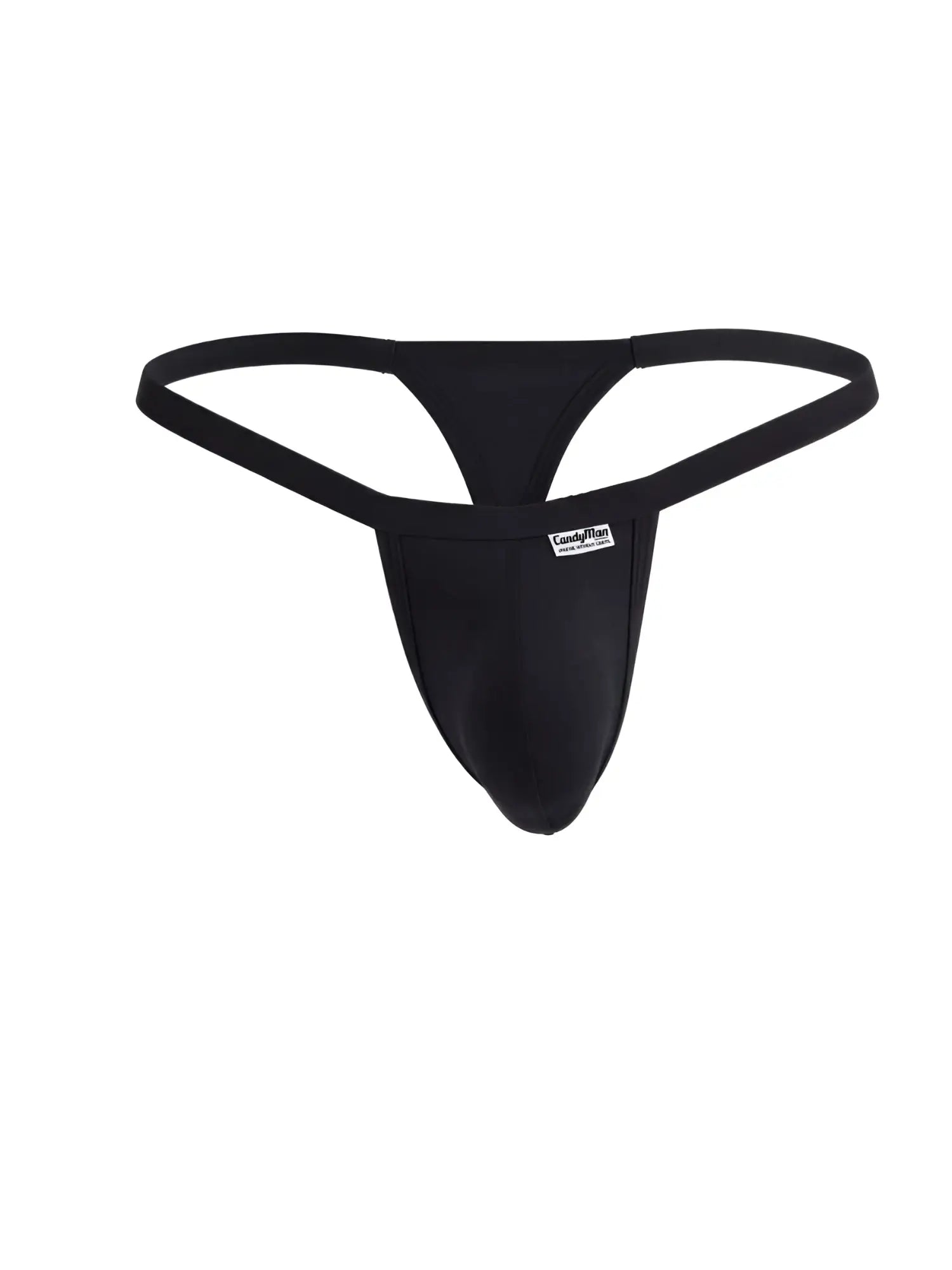 CandyMan black thong with minimal waistband, contoured pouch, and brand label on white background.