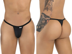 CandyMan black thongs featuring a minimalist, low-rise string design shown from front and back angles on a male model.