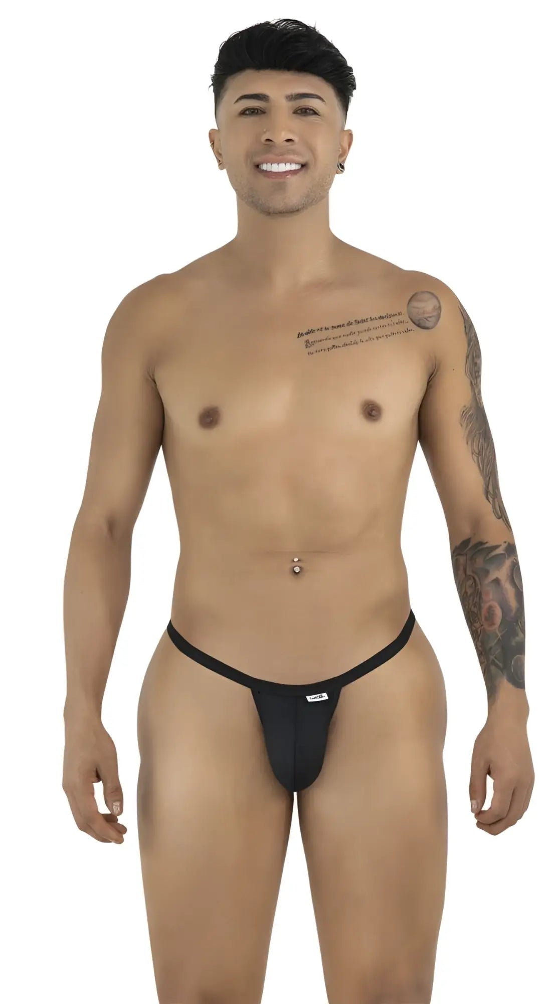 CandyMan black thong with thin sides and minimal pouch, modeled by a smiling man against a white background.