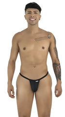 CandyMan black thong with thin sides and minimal pouch, modeled by a smiling man against a white background.