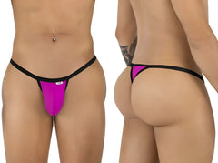 CandyMan magenta thongs with thin black waistband shown from front and back on a model.