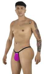 CandyMan magenta thongs with black trim worn by a model in a standing profile pose against a white background.