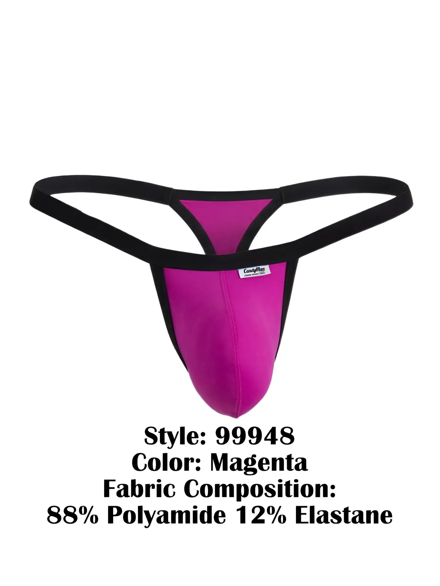 CandyMan magenta thong (style 99948) with a contoured pouch and black elastic waistband on a white background.