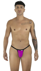 CandyMan magenta thongs with thin black waistband on a shirtless tattooed model posing against a white background.