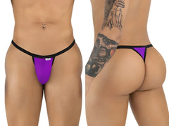CandyMan orchid thongs with black trim on a male model, shown from front and back views.