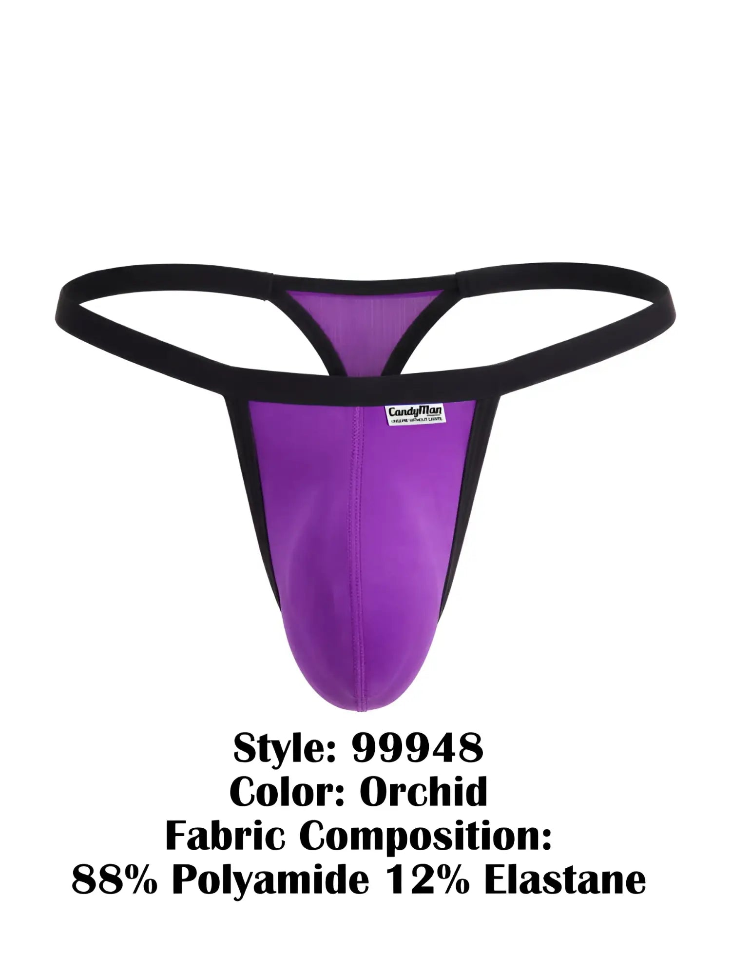 CandyMan orchid thongs with a contoured pouch, black trim, and thin elastic waistband against a white background.