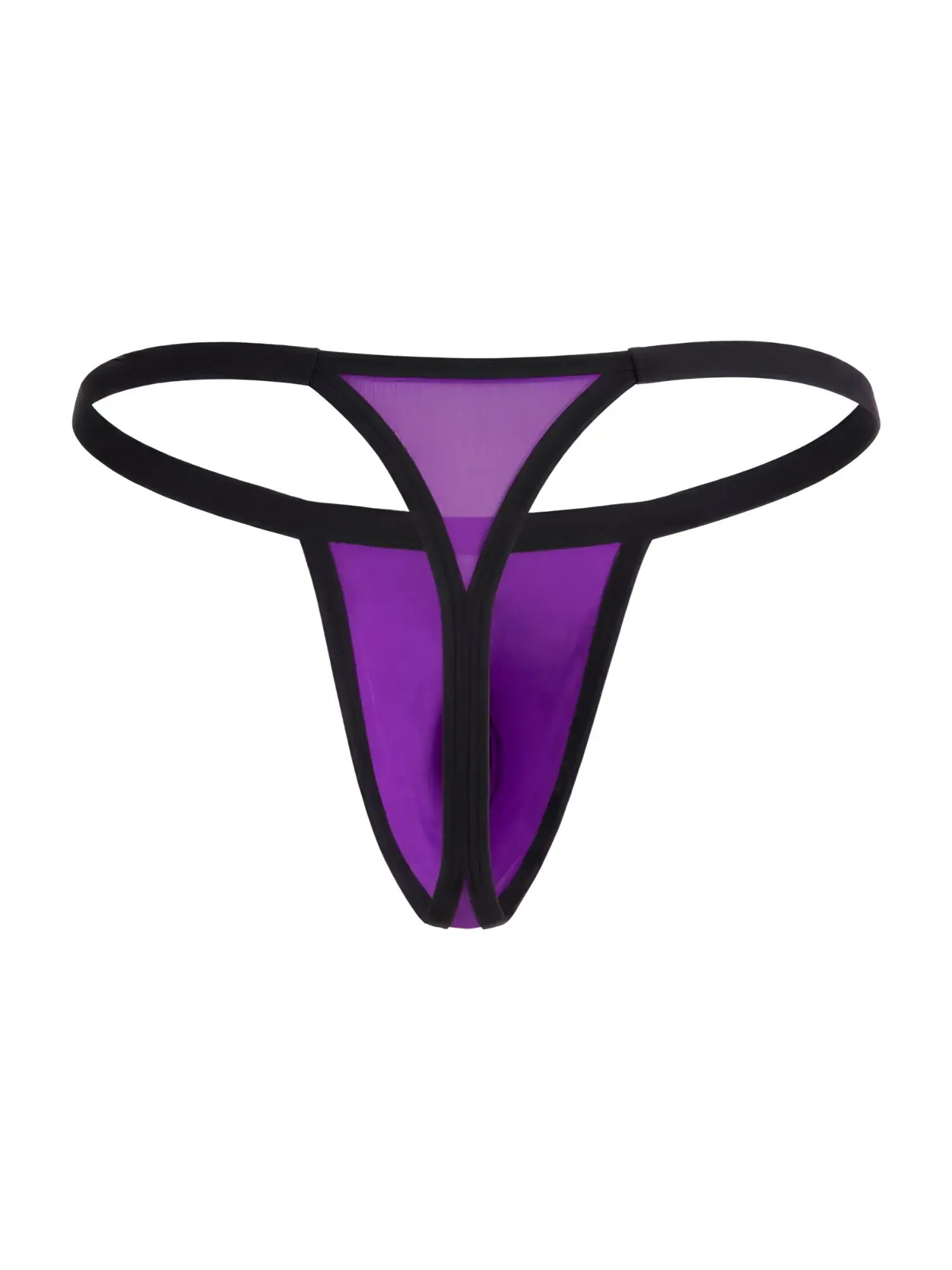 CandyMan orchid thongs with black trim and sheer mesh detail on a minimalist, slim-fit silhouette.