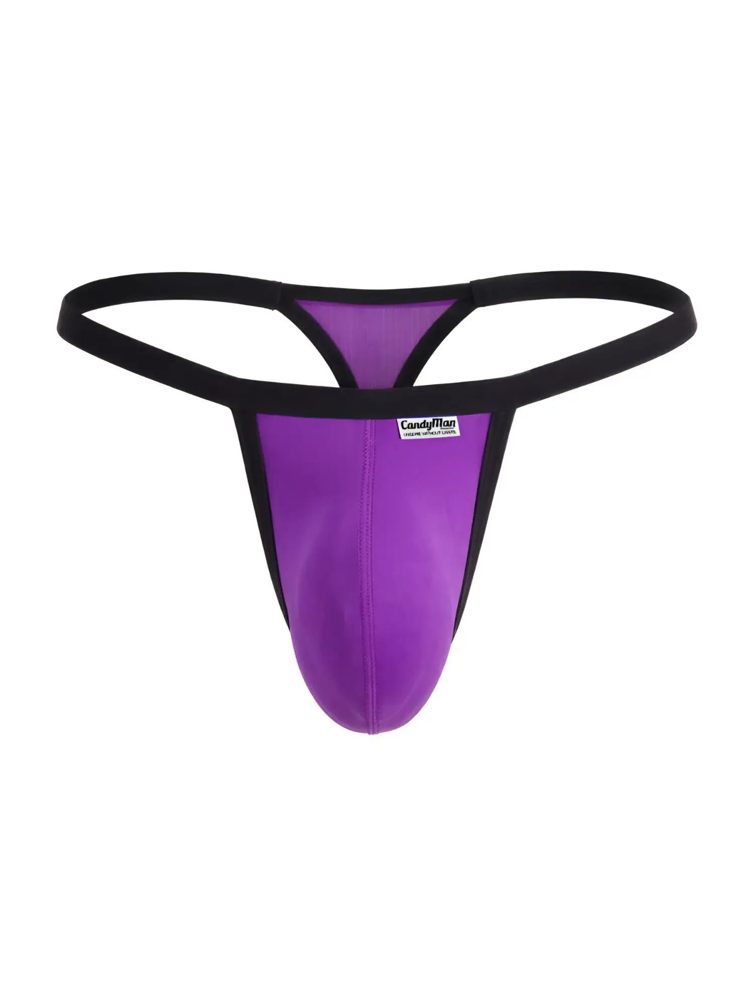 CandyMan orchid thongs with a minimalist pouch design, black trim, and thin elastic waistband.