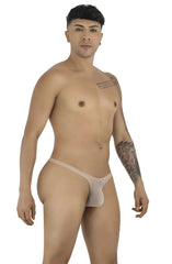 CandyMan beige mesh thong on a model standing in profile to showcase the low-rise, minimal-coverage fit.