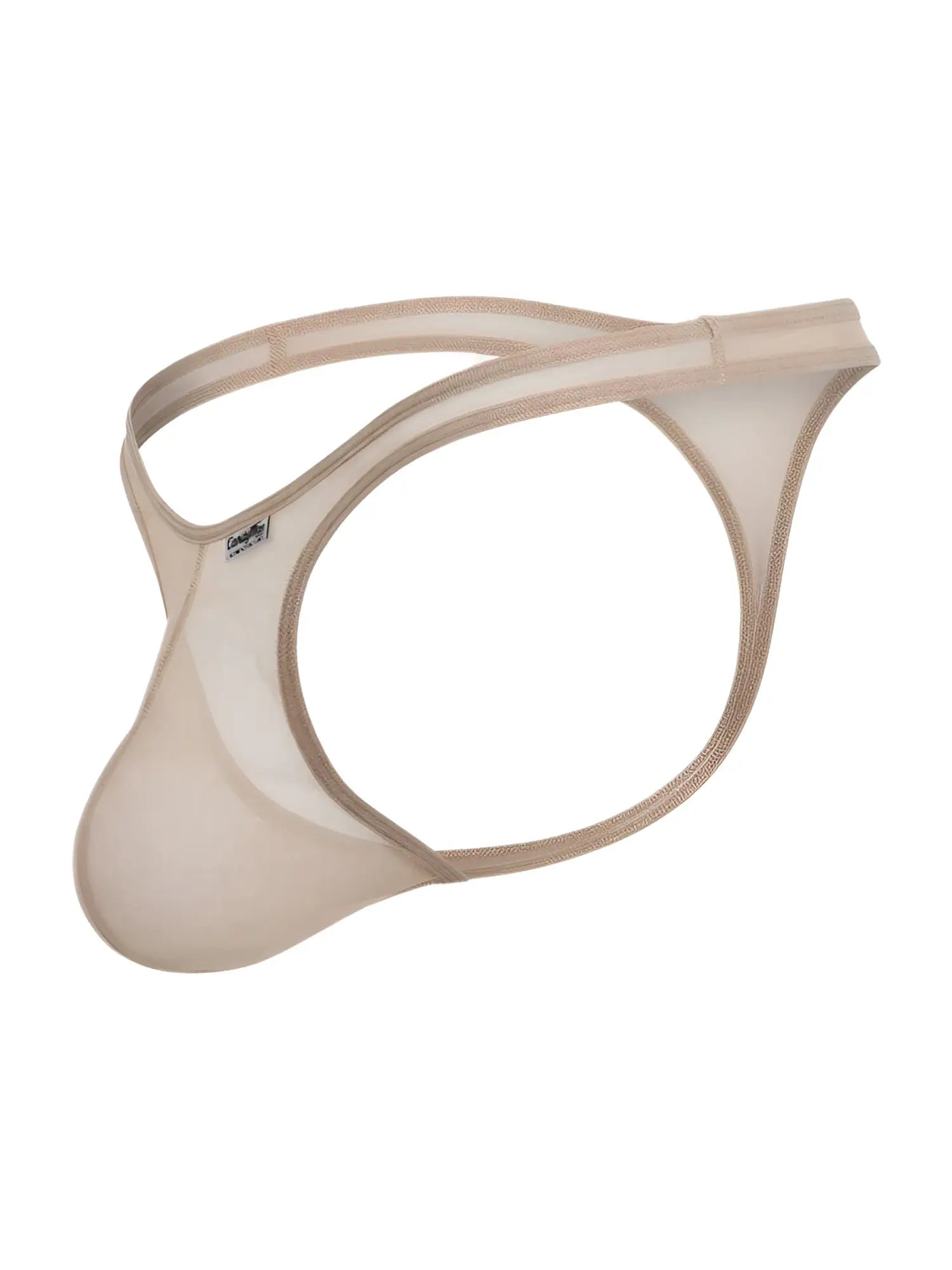 CandyMan beige mesh thong with an open-back design, contoured pouch, and elastic waistband.
