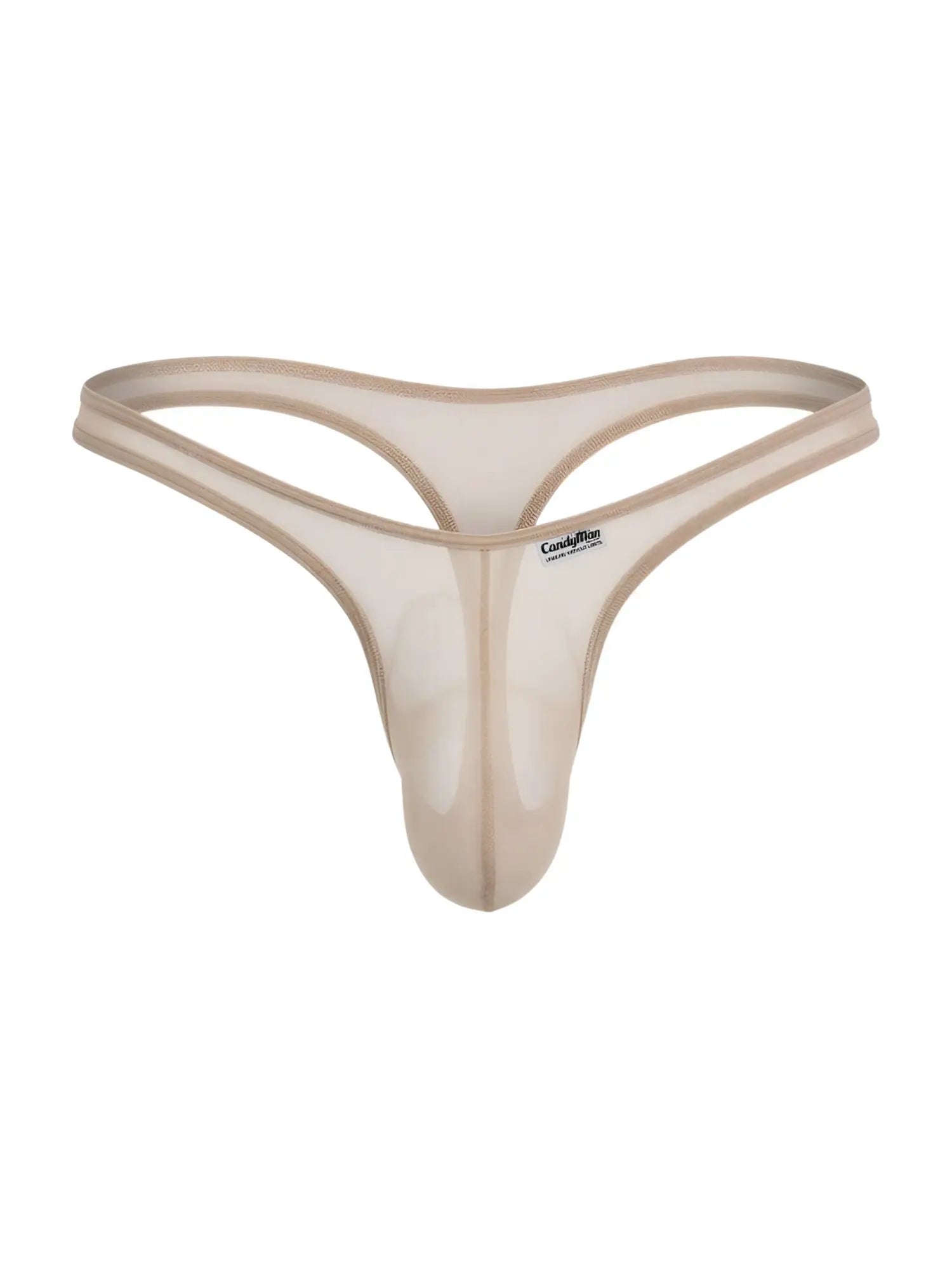 CandyMan beige mesh thong with a contoured pouch, minimalist design, and thin waistband. Product isolated on white.