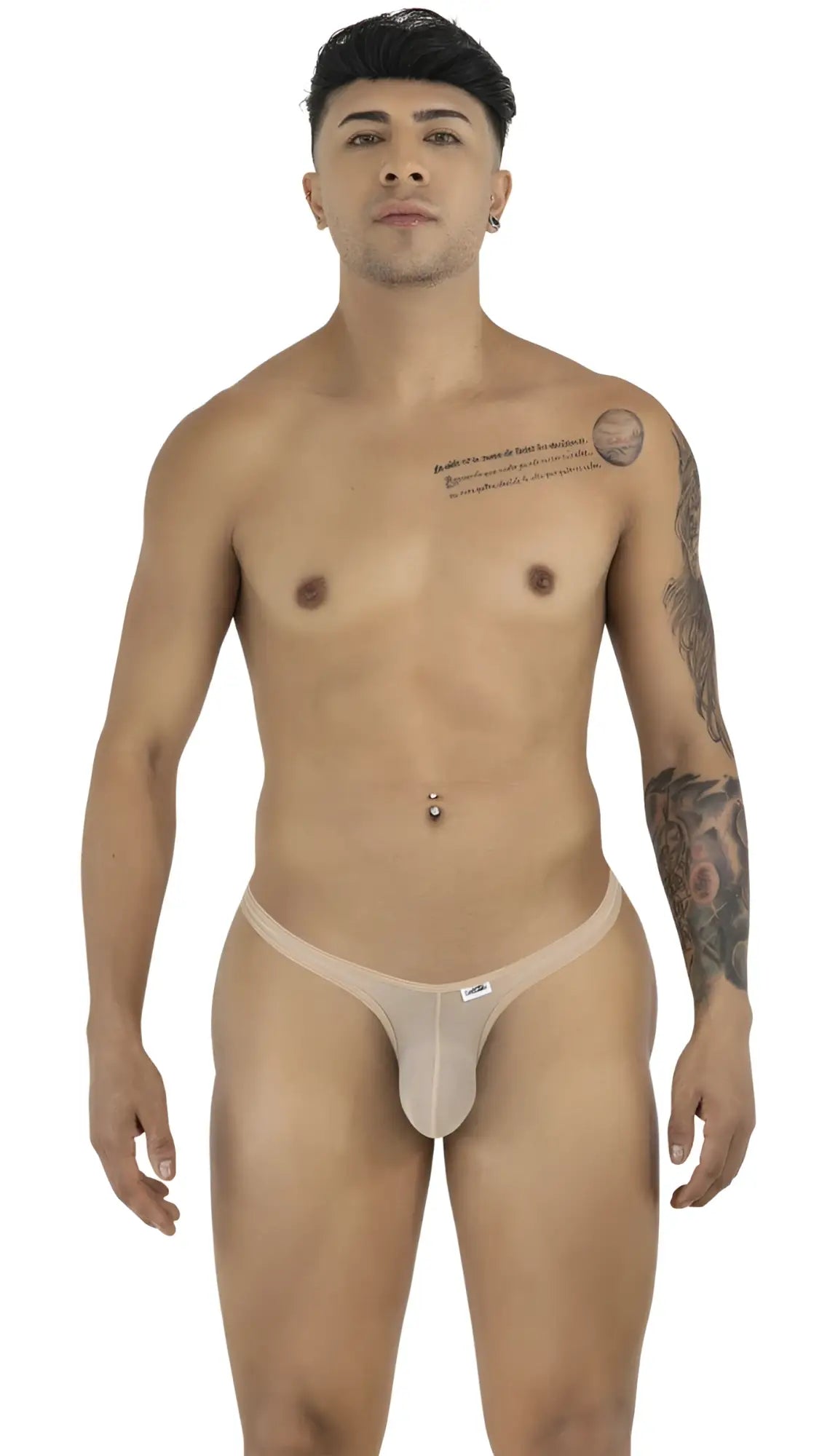 CandyMan beige mesh thongs on a male model facing forward in a front-facing, standing studio pose.
