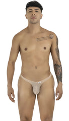 CandyMan beige mesh thongs on a male model facing forward in a front-facing, standing studio pose.