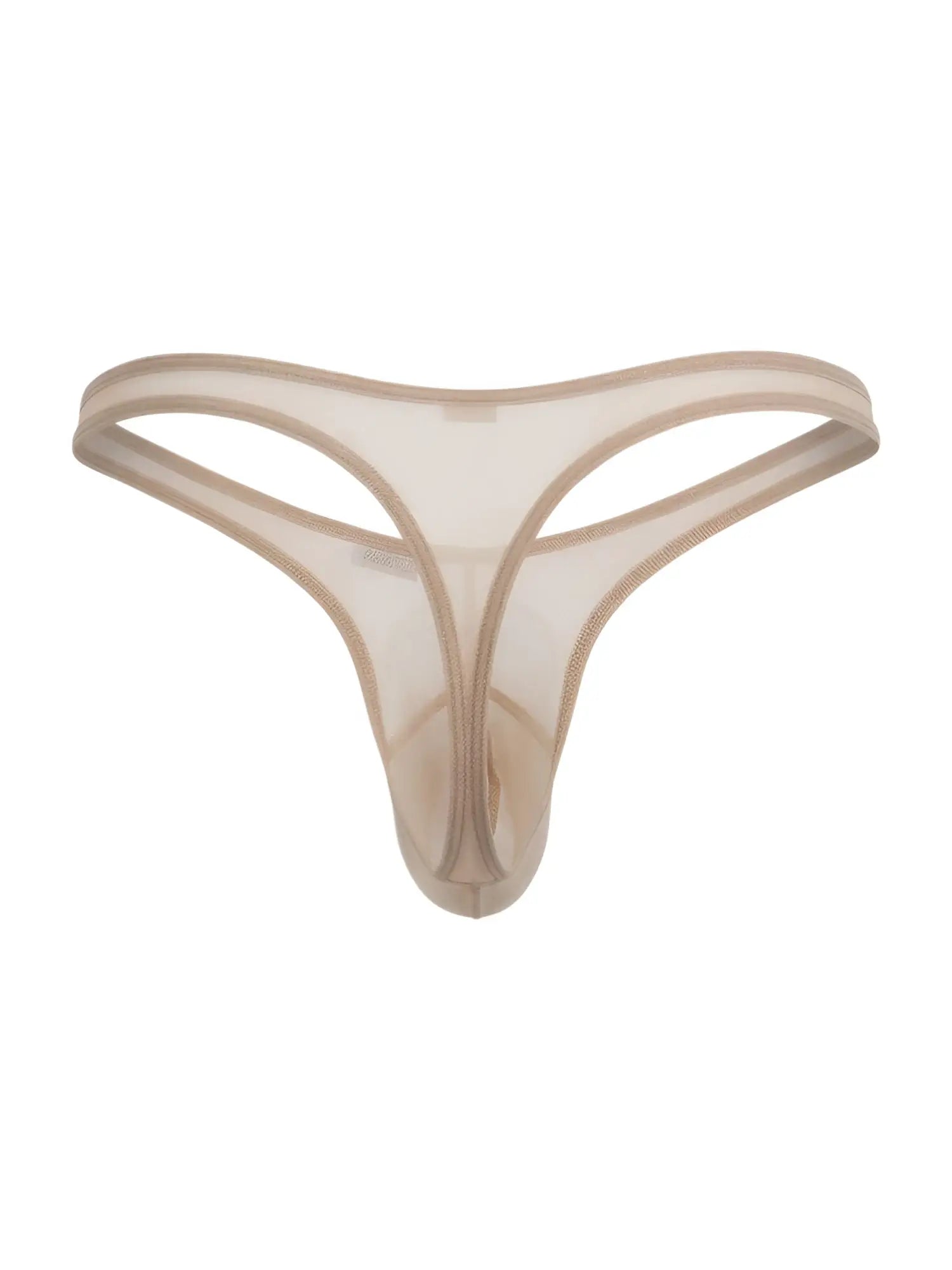 CandyMan beige mesh thong with a thin elastic waistband and minimalist, sheer design isolated on a white background.