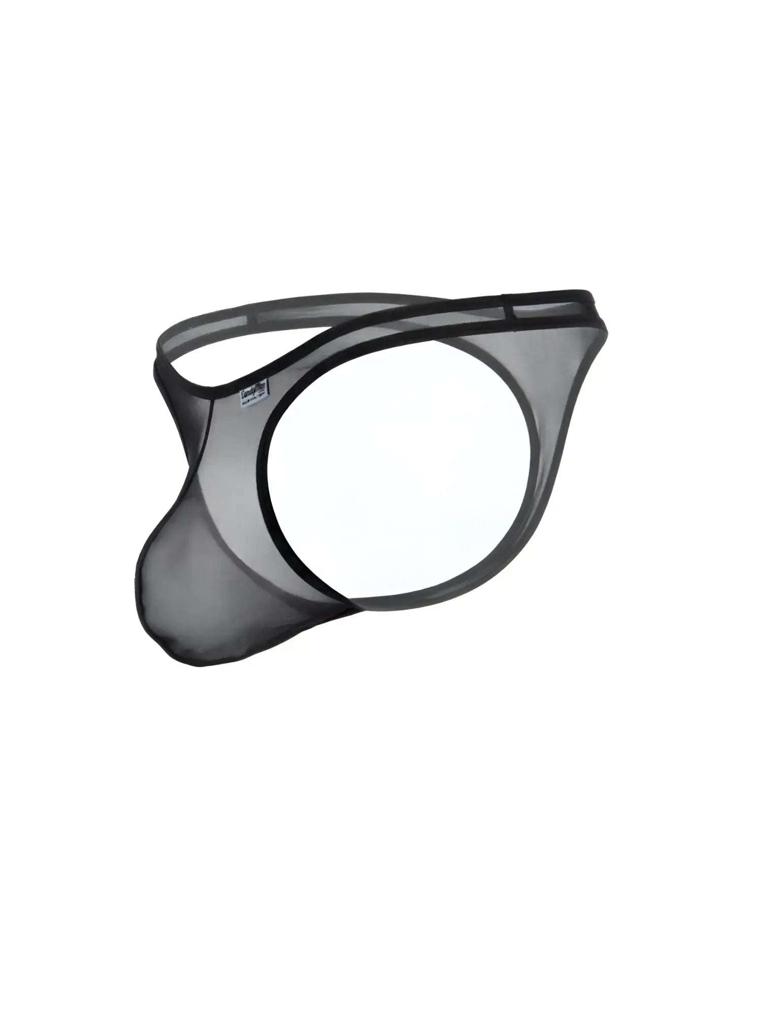 CandyMan black mesh thong with a minimal, open-side design and contoured front pouch on a white background.