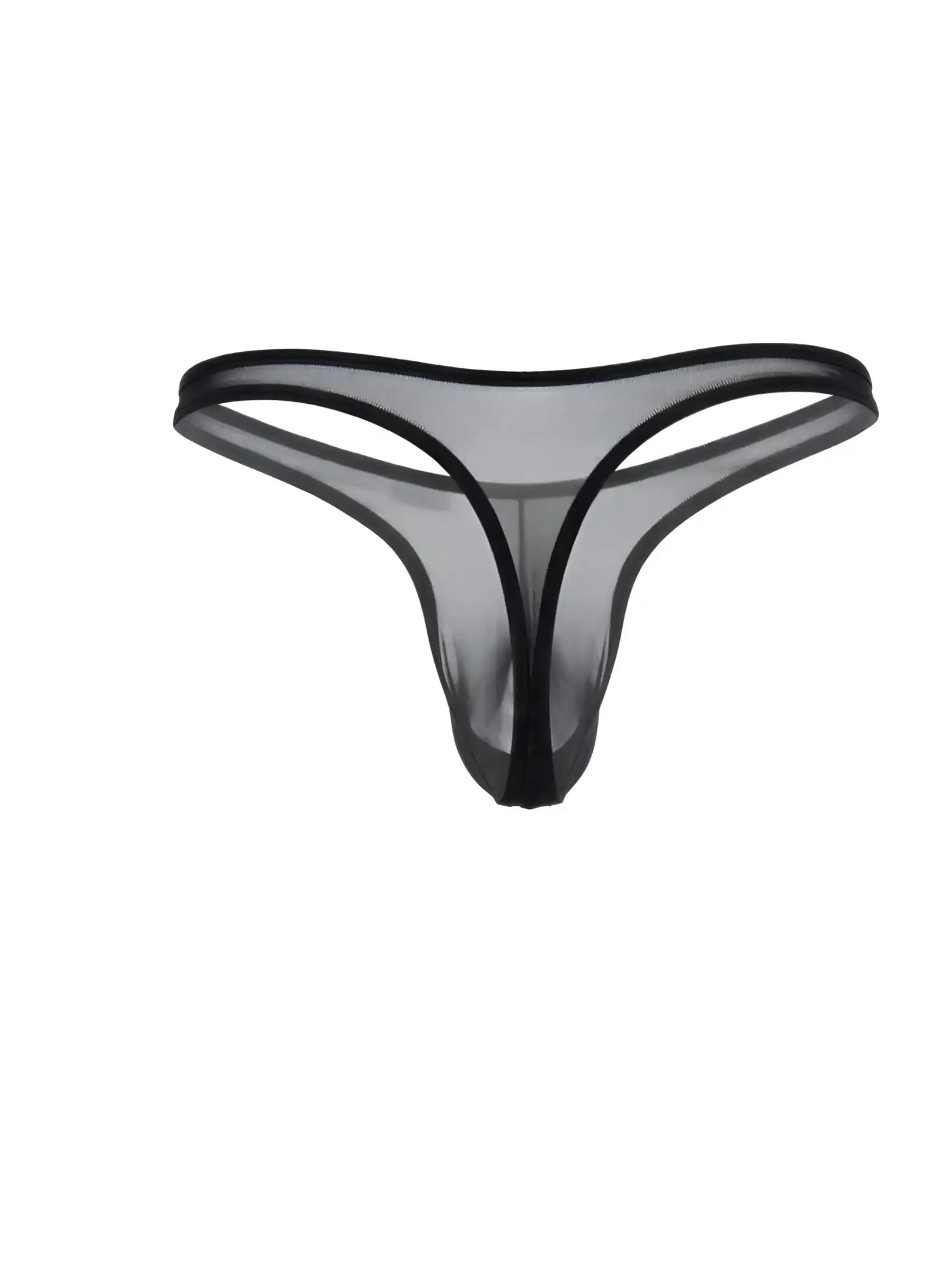 CandyMan black mesh thong with a thin waistband and minimalist, sheer design isolated on a white background.