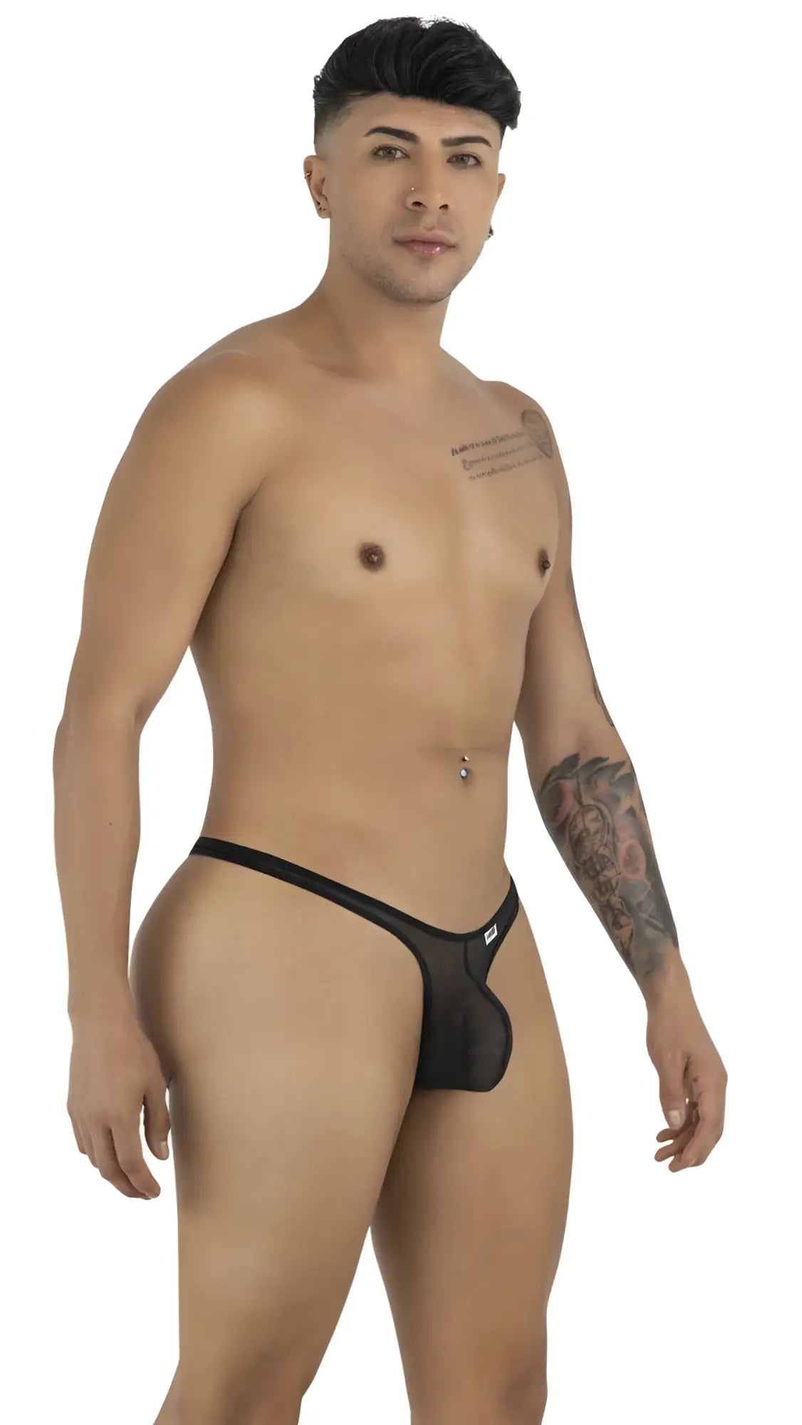 CandyMan black mesh thong with minimal coverage, worn by a shirtless model posing against a white background.