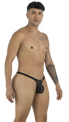 CandyMan black mesh thong with minimal coverage, worn by a shirtless model posing against a white background.