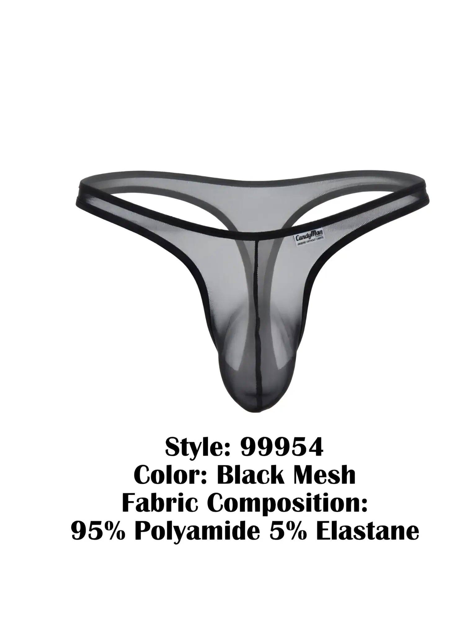 CandyMan black mesh thongs with a minimalist, contoured pouch design and thin waistband on a plain white background.