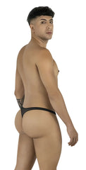 CandyMan black mesh thongs worn by a man in a side profile pose, showcasing a minimal, form-fitting design.