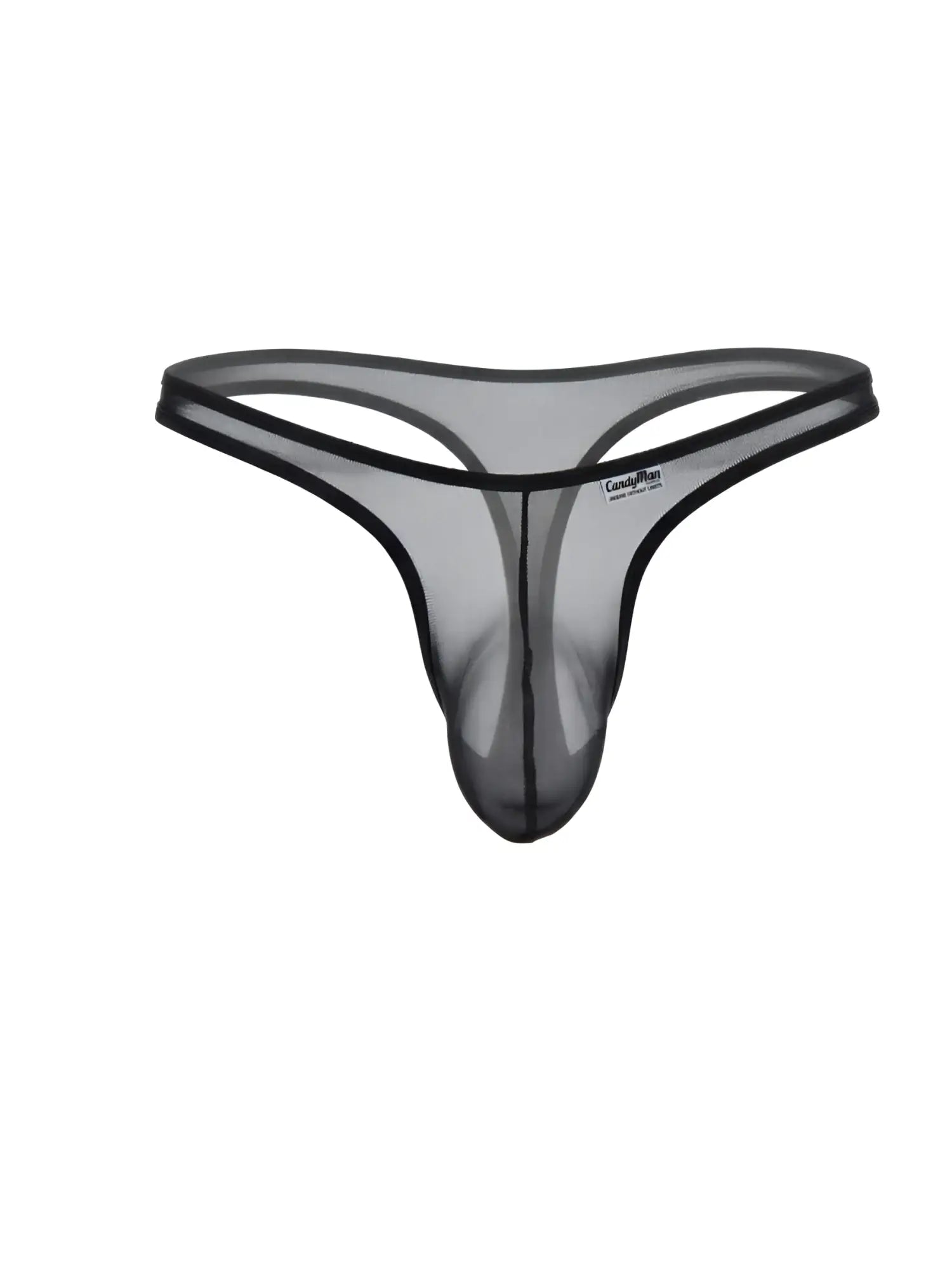 CandyMan black mesh thong with minimal waistband and contoured front pouch, isolated on a white background.