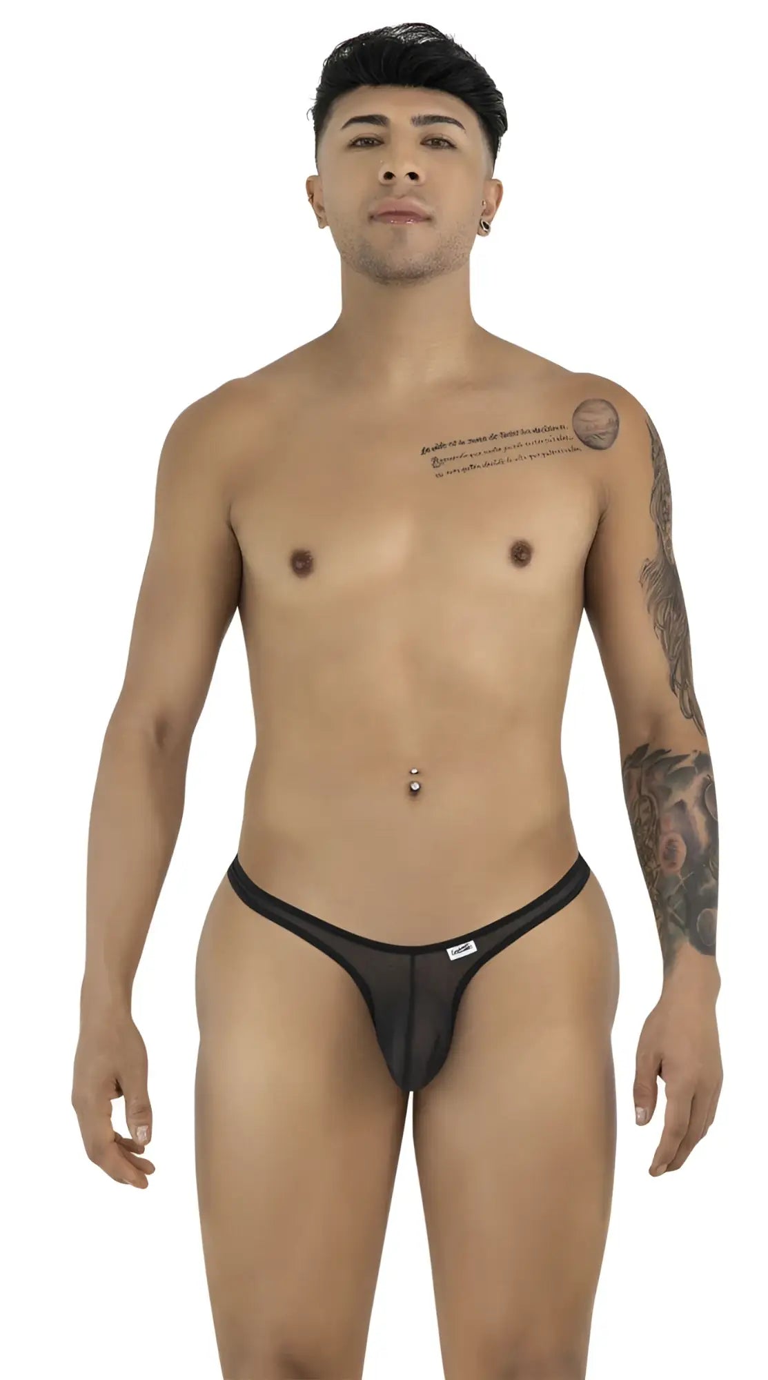 CandyMan black mesh thongs worn by a standing male model, showcasing a minimalist, low-rise, sheer design.