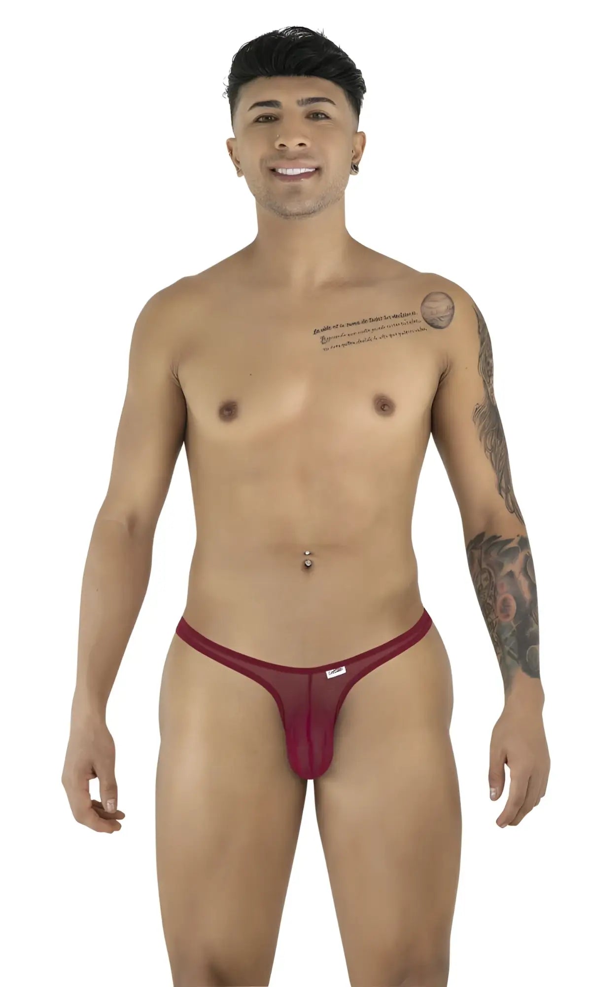 Model posing in CandyMan burgundy mesh thongs, featuring a minimal, slim-fit design with a small brand logo tag.