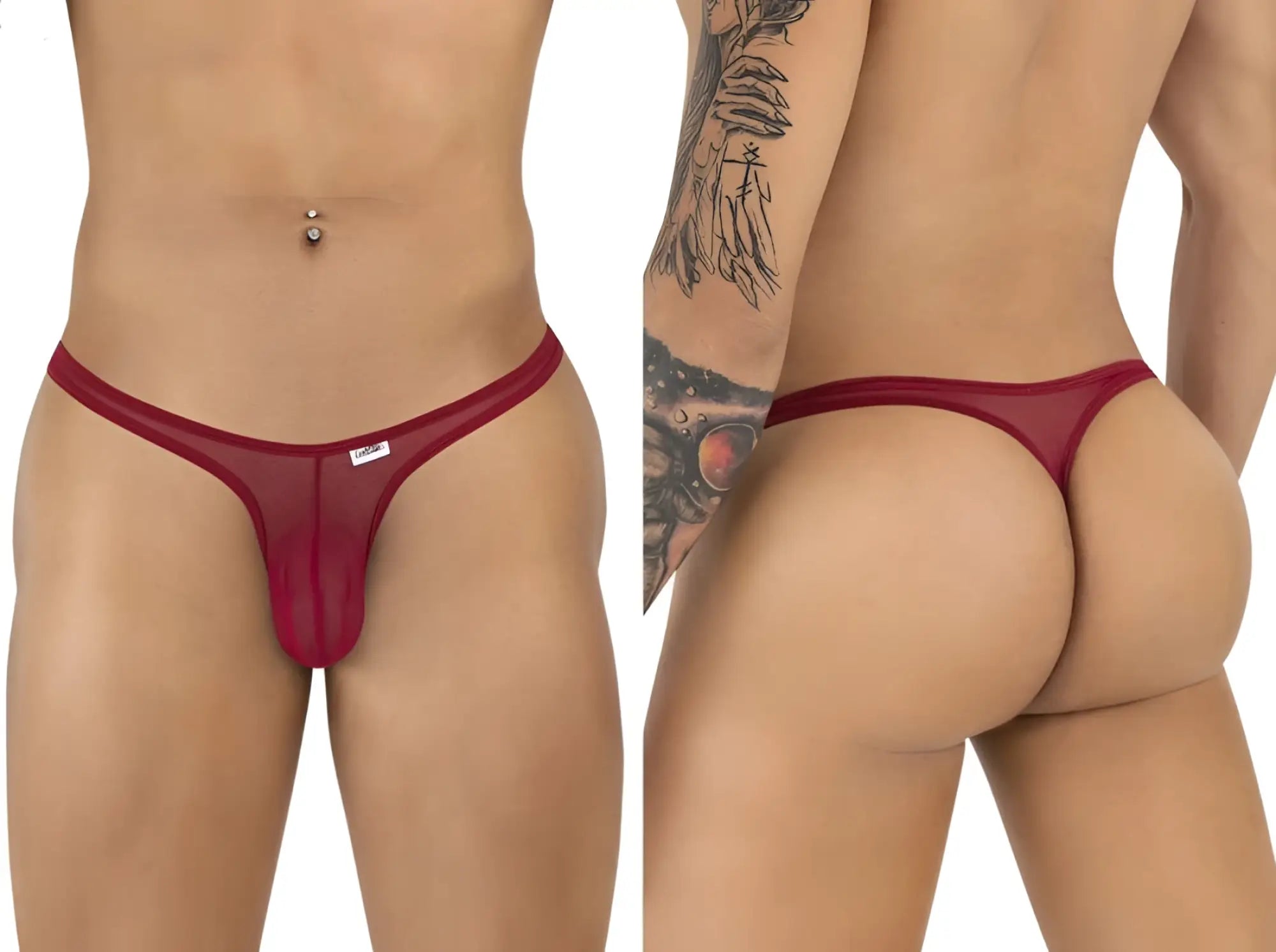 CandyMan burgundy mesh thongs featuring a low-rise fit, shown from front and back on a toned model.