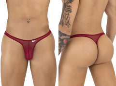 CandyMan burgundy mesh thongs featuring a low-rise fit, shown from front and back on a toned model.