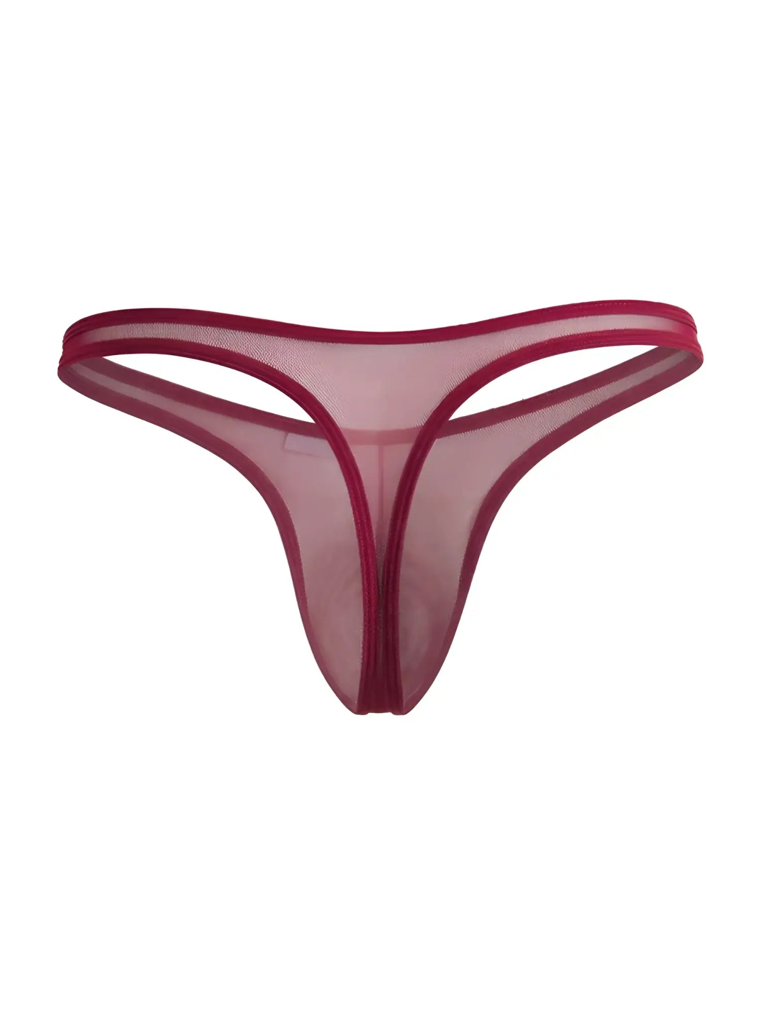 CandyMan burgundy mesh thong with a minimalist, low-rise, sheer design isolated on a white background.