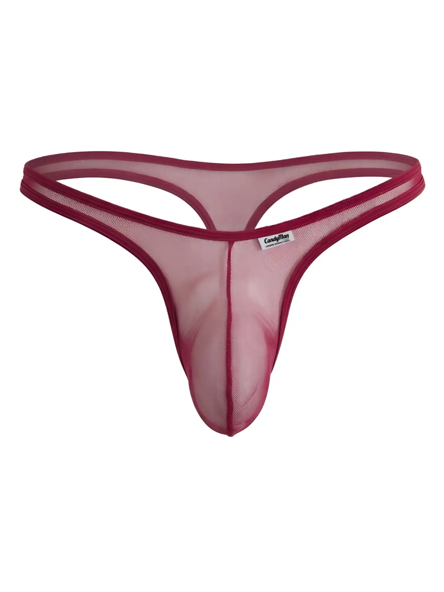 CandyMan burgundy mesh thong with a contoured pouch and thin elastic waistband against a plain white background.